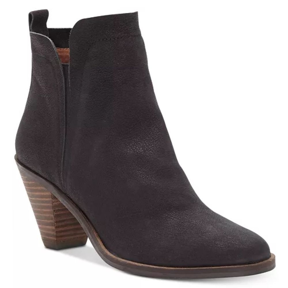 Lucky Brand Jana Black Nubuck Leather Ankle Booties Stacked Heel Womens 7.5